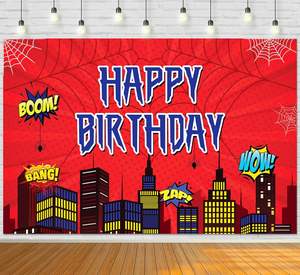 Toile de fond Joyeux Anniversaire Motif Toile d'araignée, Fond de photographie Thème Ville de <span class=keywords><strong>Comics</strong></span>, Décorations de fête sur le thème des super-héros pour garçons, Bannière personnalisable - Product Image 1