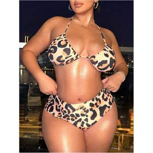 Conjunto de bikini de 3 piezas con estampado de leopardo, talla grande, con vestido de playa, halter con cordones, licra, poliéster, traje de baño para mujer - Product Image 4
