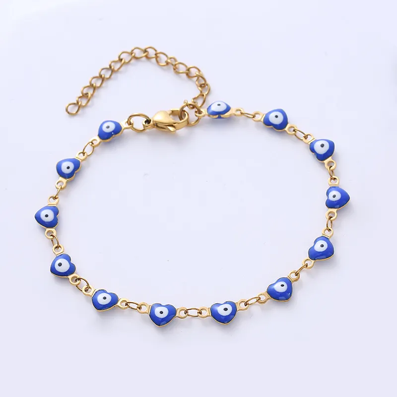 Joyería de moda para mujer, pulsera con abalorios de corazón de acero inoxidable, con cuentas de mal de ojo