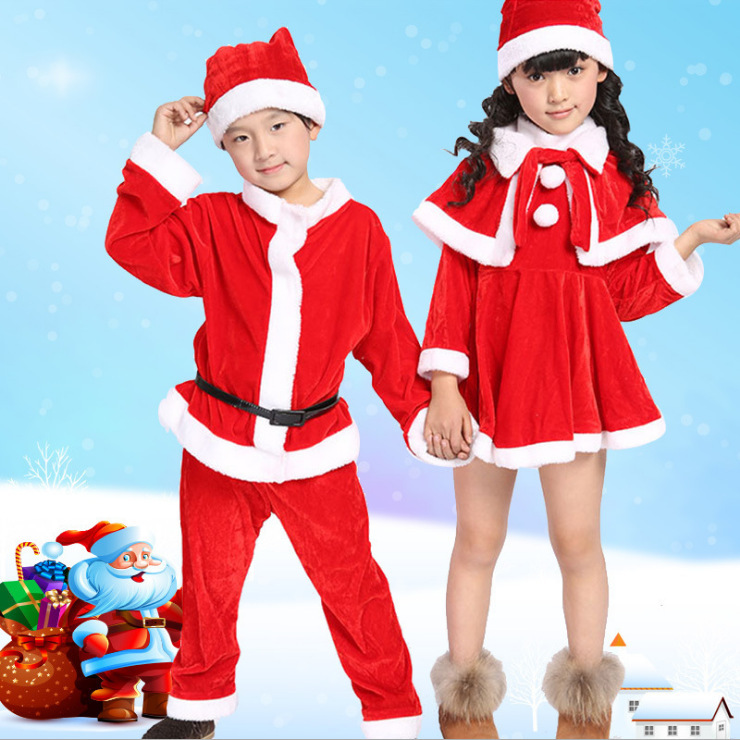 Christmas Velvet Kids Boys Red Santa Claus Costume Christmas Party Gift Giver Cosplay Clothes Top Pant Hats