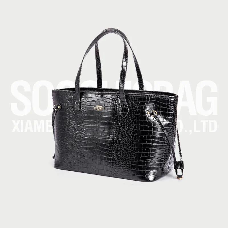 Custom High Quality Luxury Black Crocodile Leather Tote bag handbags for Women Crocodile Purses with Golden Foil Logo