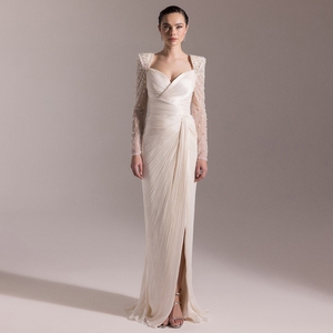 beige long sleeve dresses A-Line Maxi Chiffon Champagne Mother of the Bride Dress COCOMELODY CM0256, Dark Purple main image 1