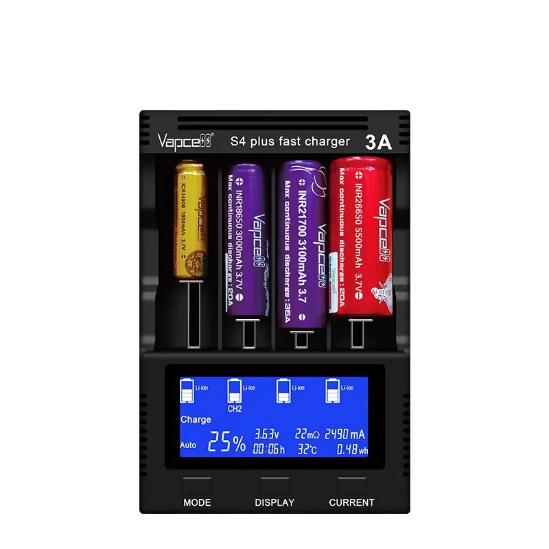 4 slots 3A each Intelligent manual and Auto mode Vapcell S4 PLUS switch mode battery charger for 21700