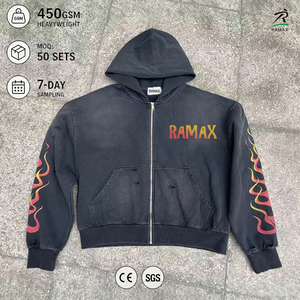 เสื้อฮู้ดซิปผู้ชายแบบวินเทจ หนัก 450GSM ลุคย้อนยุค ล้างสีแล้ว ลายพิมพ์เปลวไฟขาดๆ สไตล์สตรีทแวร์ รับผลิตแบบ OEM ODM - Product Image 1