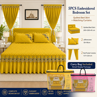 Ensemble de literie matelassé et brodé de luxe 5 pièces avec jupe de lit et rideaux à passe-tringle assortis, taille King, pour décoration de chambre, vente en gros OEM
