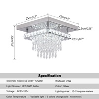 Plafonnier LED carré moderne CCT 19W en acier inoxydable, effet goutte de pluie, cristal, montage en surface, CRI 90, blanc naturel chaud