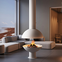 Cheminée autonome à bois en forme de dôme avec capot suspendu, vue à 360°, poêle à feu réel d'intérieur avec protection en verre