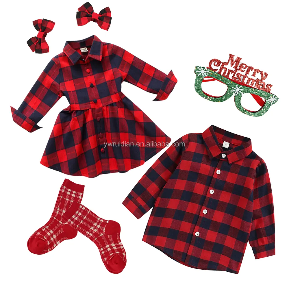 Toddler Kids Baby Girl Buffalo Plaid Dress Long Sleeve Red Black Checkered Shirts Dresses Infant Christmas Outfits Clothes