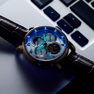 Montre automatique homme REEF TIGER RGA1965 Artist Master III Fashion, phase de lune, or rose, luminescente, bracelet en cuir marron, classique - Product Image 2