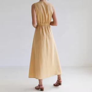 เดรสผ้าลินินคุณภาพสูงแบบใหม่สำหรับผู้หญิง คอวี แขนกุด สไตล์ลำลอง สีพื้น แต่งระบาย ทรงเข้ารูป ยาวแบบแม็กซี่ เรียบหรู เหมาะสำหรับโอกาสพิเศษ - Product Image 3