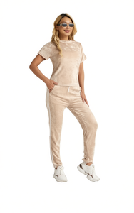 Completo Tuta Sportiva da Donna Casual Tinta Unita in Cotone Spandex Traspirante con Pantaloni con Coulisse e Top a Maniche Corte Vestibilità Regolare Lunghezza Intera - Product Image 1
