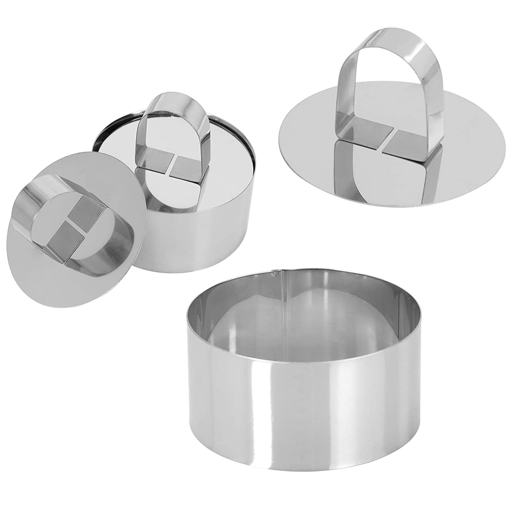 4 Piece Round Stainless Steel Mousse Cake Mold Baking Tools-Making Cake Decoration Tools,Includes 3 Rings And 1 Food Press