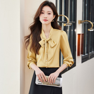 Women's Satin Long Sleeve Blouse With Bow <b>Tie</b> Office Wear Solid Color <b>Polyester</b> Fabric - Product Image 2