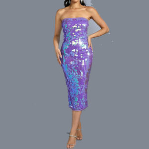 فستان نسائي طويل بدون حمالات مزين بالترتر، قماش متباين اللون، تصميم ضيق، ظهر مكشوف، تنورة بنفسجية - Product Image 1