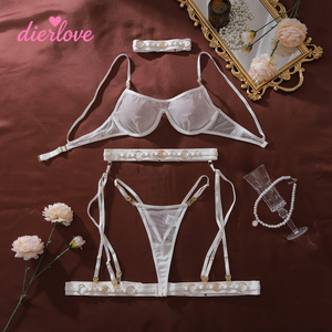 Ensemble de Lingerie Sexy 3 Pièces pour Femme : Soutien-Gorge Transparent en Maille Blanche avec Bretelles, Découpes et Armatures, <span class=keywords><strong>Porte</strong></span>-<span class=keywords><strong>Jarretelles</strong></span> et String - Product Image 4