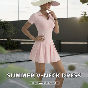 Robe de tennis plissée rose à col polo, manches courtes, coupe trapèze, longueur genou, pour le golf, le yoga et les tenues décontractées - Product Image 2