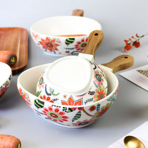 Bol en céramique pour dîner riz fruits légumes, salade, soupe petit déjeuner nouilles, Ramen gâteaux mélangeur service, couverts à manche en <span class=keywords><strong>bois</strong></span> - Product Image 1