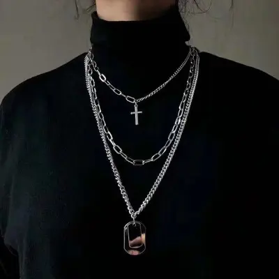 Pendant Necklace 2021 Fashion Multilayer Hip Hop Long Chain Necklace For Women Men Jewelry Gifts Stainless Steel Square Cross Pendant Necklace