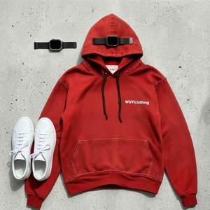 2026 Trend Vintage Red Acid Wash <b>Hoodie</b> Women Custom Logo Oversized Heavyweight Cotton Fleece Pullover Streetwear Sweatshirt - Product Image 3