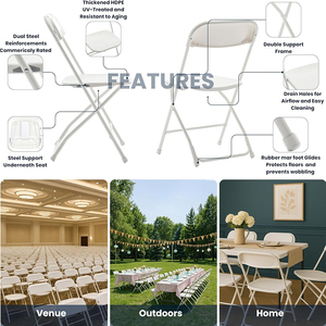 Cadeira Plástica Branca Dobrável com Estrutura de Aço para Eventos Comerciais, Escritório, Casamento, Festa, Piquenique, Cozinha, Igreja, Escola - Product Image 6