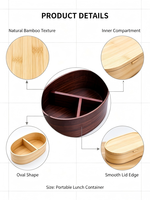 Boîte à bento ovale en bois, style japonais, compartimentée, écologique, en bois naturel, avec couvercle, design gravé au laser