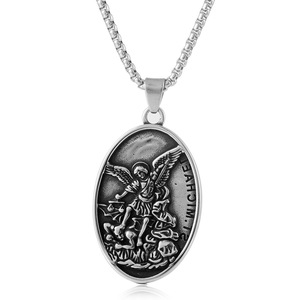 yunnique Stainless Steel Saint Michael Pendant Necklace With <b>Angel</b> Wings Unisex Gift Jewelry Oval <b>Charm</b> - Product Image 1