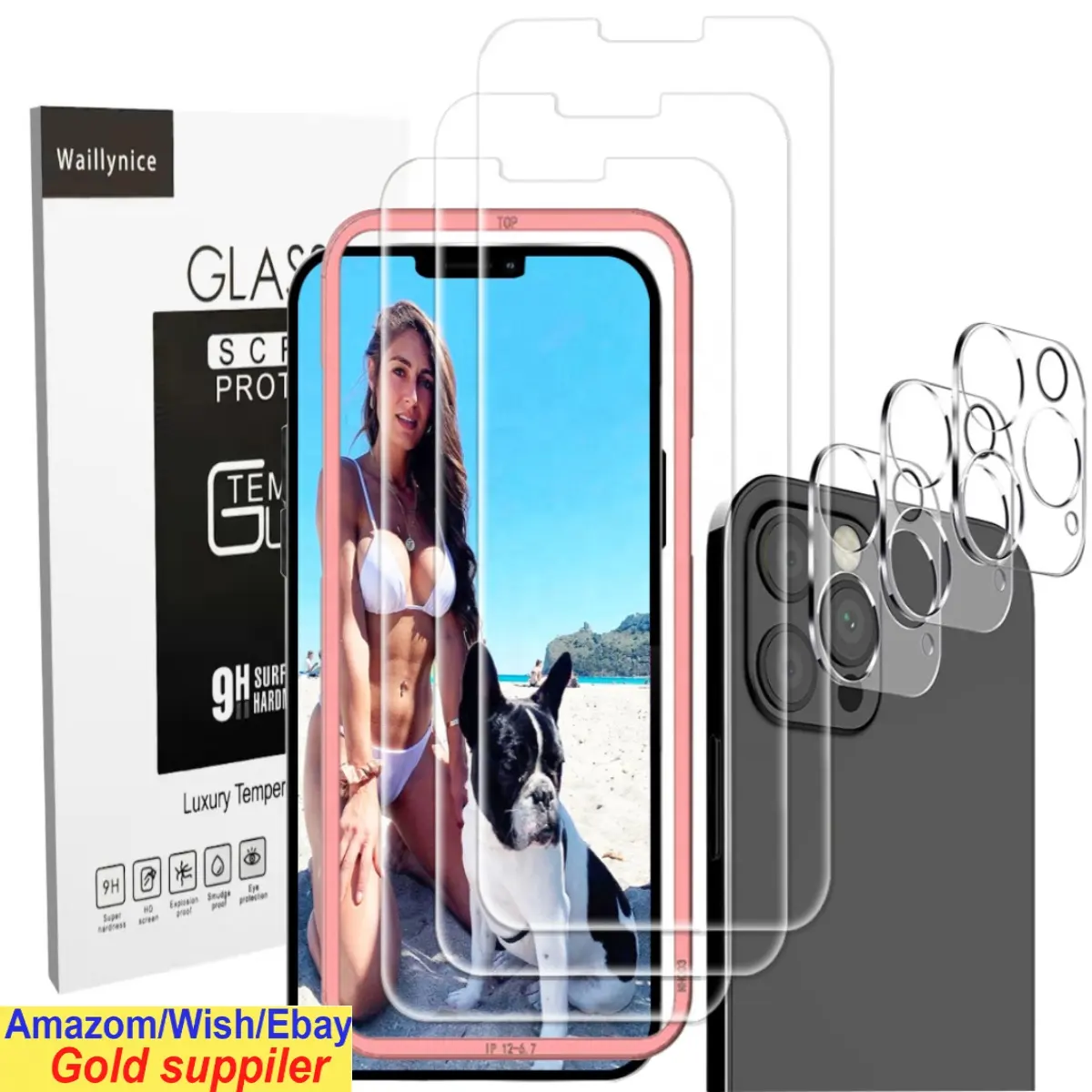 Amazon 5 in 1 3 pack 630 degrees Case Friendly tempered glass camera lens screen protector for iphone 13 14 pro max S23 S23U