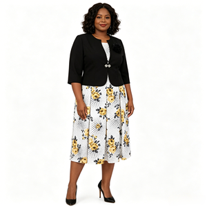 Ensemble robe et veste 2 pièces pour femmes grandes tailles, imprimé floral, élégant, longueur mi-mollet, violet, en crêpe, vêtements grande taille - Product Image 3