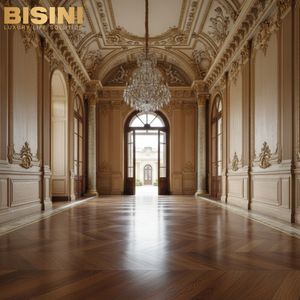 <span class=keywords><strong>Parquet</strong></span> en noyer à chevrons sur mesure, style italien majestueux et sophistiqué, avec incrustations de marbre blanc et de laiton, pour hall d'entrée. - Product Image 5