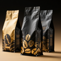 Sachets de café à fond plat personnalisés avec fermeture éclair et valve, design en gravure pour grains entiers