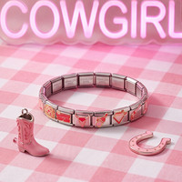 Groothandel Y2K roze western cowgirl Italiaanse charme armband koeienkop champagnefles geruite design 9mm schakels dames armband bedels