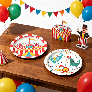 Nouvelles assiettes en papier sur le thème du <span class=keywords><strong>cirque</strong></span>, 9 pouces et 7 pouces, vaisselle jetable festive pour fêtes, gobelets en papier, décoration d'événements - Product Image 5