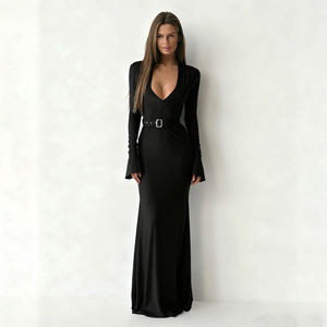 Robe de <span class=keywords><strong>soir</strong></span>ée élégante pour femme Z-3072, coupe trapèze longue, manches évasées, taille haute avec ceinture, col en V, ajustée, respirante et infroissable - Product Image 4