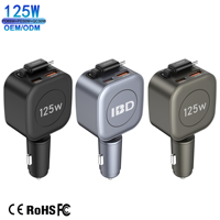 Chargeur de voiture rapide 125W PD PPS SCP avec tête rotative à 360 degrés, câble Type-C rétractable intégré, résistant au feu, pour montres intelligentes et téléphones