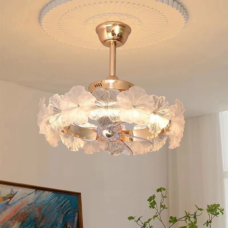 Petal Crystal Glass Ceiling Fan Lamp with 3 Blades Modern Living Room Chandelier LED 5-Speed Motor Surface Mounted