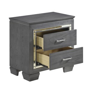 Modern Nightstand 2 Drawers Gray Finish Faux Crystal <b>Bar</b> Pulls <b>LED</b> <b>Lighting</b> Bedroom Furniture - Product Image 2