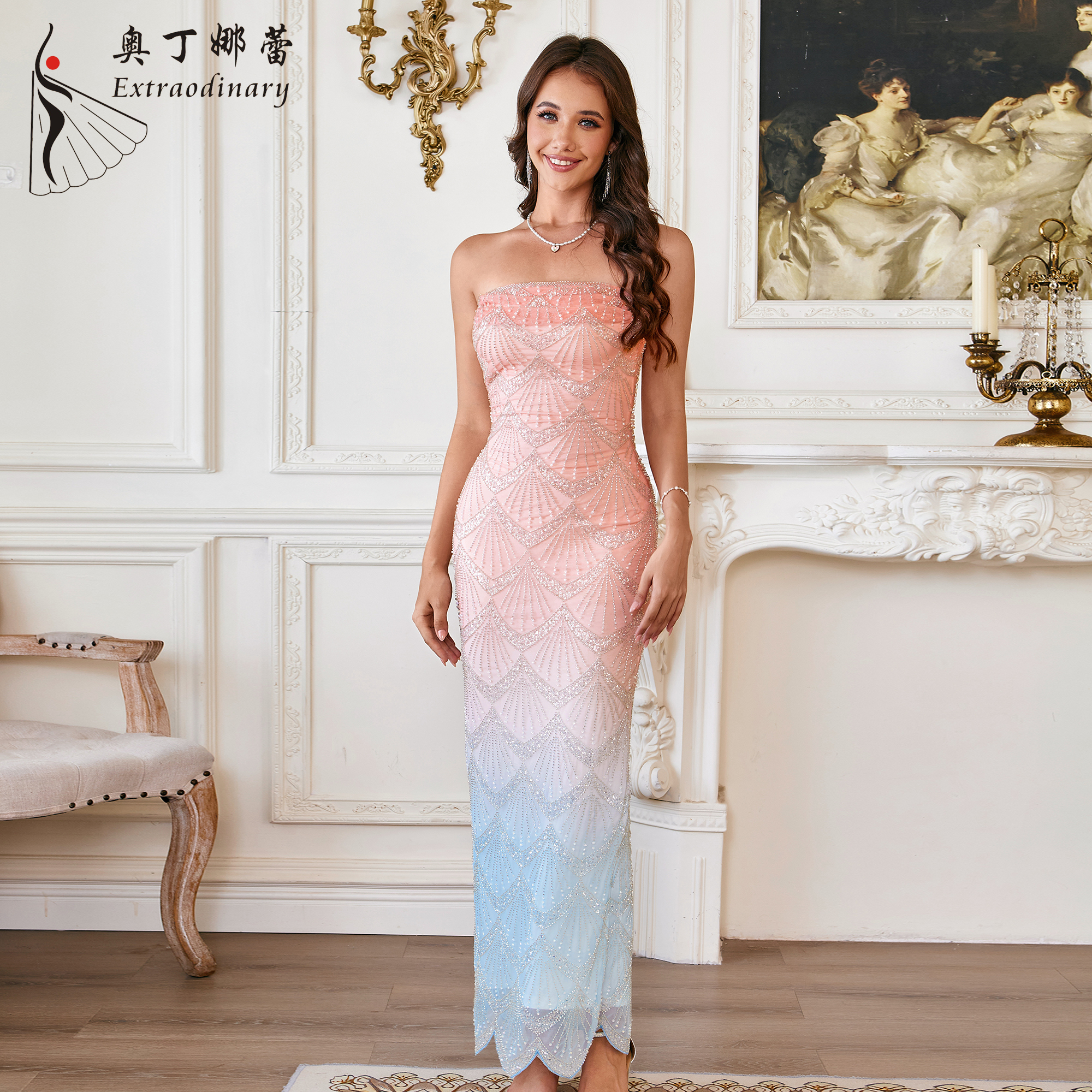 Wholesale Elegant pink Baby Blue Gradient Bandeau Maxi Dress Women Bridal hower Dresses Romantic Tulle trapless Bodycon equin Dress,2 Units Wholesale Elegant pink Baby Blue Gradient Bandeau Maxi Dress Women Bridal hower Dresses Romantic Tulle trapless Bodycon equin Dress,2 Units