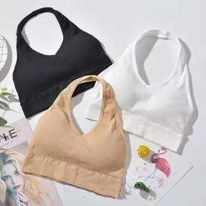 Wholesale Cheap Women Bra Rib Knit Hang Neck Sexy Hollow Beauty Back Quick Drying Breathable Casual Yoga Bra