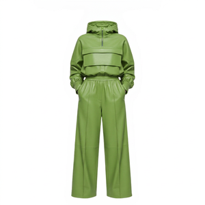 Premium Women's PU Leather Half-<b>Zip</b> <b>Hooded</b> Tracksuit Set – Cropped Hoodie & Wide Leg Pants Luxury Streetwear Outfit - Product Image 1