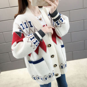 Usine vendre printemps et automne Jacquard tricoté Cardigan tout match ample surdimensionné <span class=keywords><strong>manteau</strong></span> <span class=keywords><strong>moche</strong></span> noël pull Cardigan pour les femmes - Product Image 1