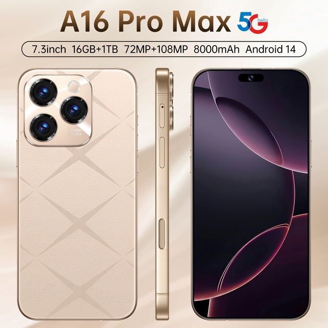 7.3 A16 Pro Max Deca Core Smartphone 5G 8000mAh 16GB RAM Dual SIM Ready 72MP+108MP HD French/Spanish/English