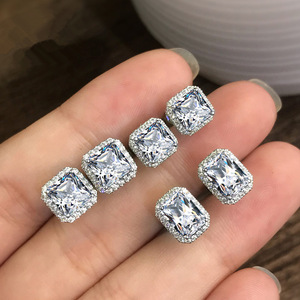 Stud <b>Earrings</b> Women's Square Geometric <b>Green</b> Zircon Diamond Encrusted Bezel Setting Everyday Wear - Product Image 2