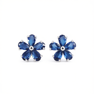 Orecchini a Perno con Fiore in Gemma Blu, Placcati in Argento, Gioielli di Moda per Donna, Idea Regalo - Product Image 1