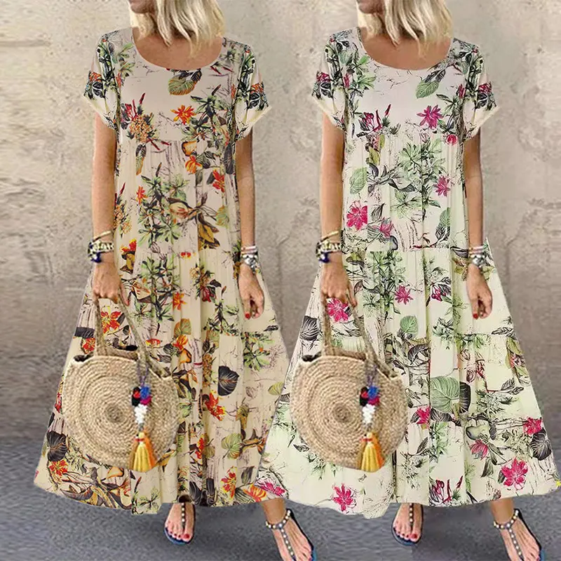 Hot Sale Spring New Style European And American Floral Print High Waist Short Sleeve Fashion Sexy Printing Long Dress