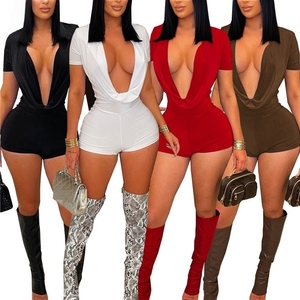 PEEQI TW829 Nuova Collezione Primavera, <span class=keywords><strong>Tuta</strong></span> Intera Aderente con Scollo Profondo a V e Arricciature, Maniche Corte, Sexy <span class=keywords><strong>Tuta</strong></span> Intera Monocolore - Product Image 1