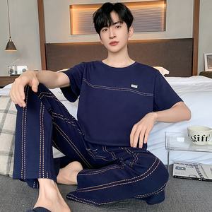 Indossa da notte da <span class=keywords><strong>uomo</strong></span> manica corta con pantaloni lunghi 2 pezzi Set <span class=keywords><strong>pigiama</strong></span> a girocollo <span class=keywords><strong>cotone</strong></span> morbido 4XL taglie forti abbigliamento da notte - Product Image 2