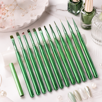 Ensemble de 12 pinceaux à ongles légers et personnalisables en nylon souple avec manche en bois vert – Pinceaux liner, plats et ronds