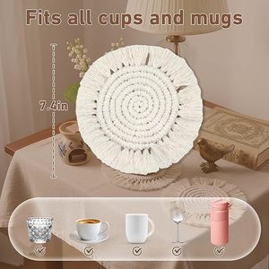 Posavasos <span class=keywords><strong>de</strong></span> Macramé Hechos a Mano con Cuerda <span class=keywords><strong>de</strong></span> Algodón, Tapete Tejido para Vasos con Patrón Ornamental y Borla para Vino - Product Image 4