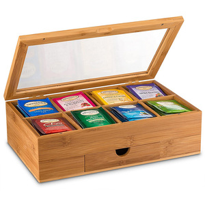 Custom logo Bamboo Tea Storage Box Wood Tea Chest Organizer 8 grid split tea wooden storage box with drawer