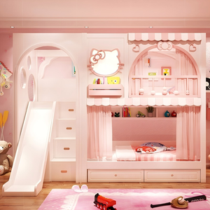 Lit superposé château de princesse contemporain pour filles avec toboggan, rangement, bois massif durable, rose, ensemble de meubles pour chambre d'enfant, salon - Product Image 3
